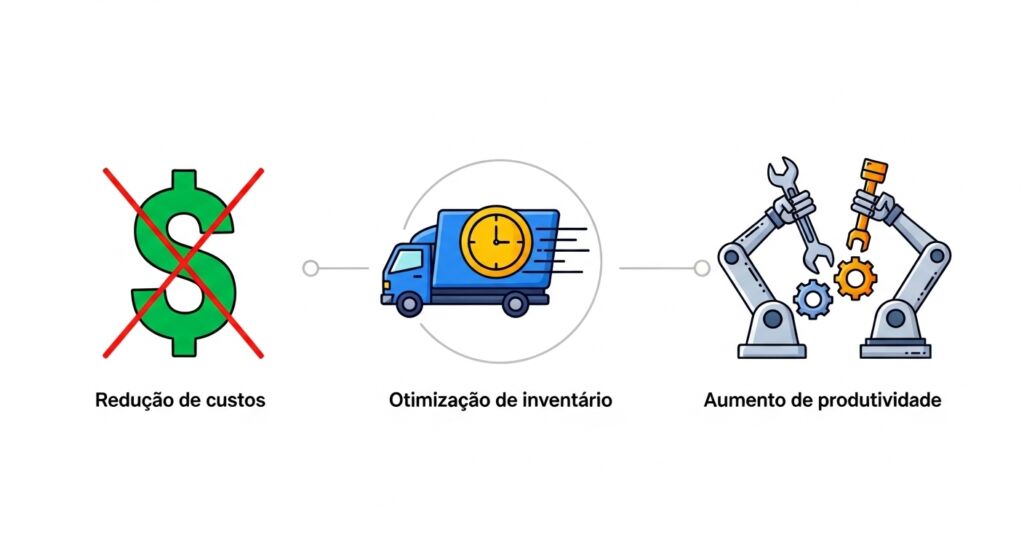 Representação visual de três etapas com ícones: símbolo de cifrão verde riscado com o texto “Redução de custos”, caminhão azul com relógio indicando “Otimização de inventário” e braços robóticos montando engrenagens com o texto “Aumento de produtividade”.