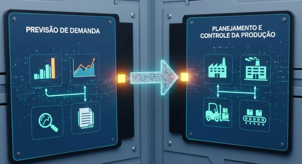 Ilustração com duas placas digitais conectadas por uma seta luminosa. A placa à esquerda exibe o título “Previsão de demanda” com ícones de gráficos, lupa e documento. A placa à direita mostra “Planejamento e controle da produção” com ícones de fábrica, empilhadeira e esteira de produção.