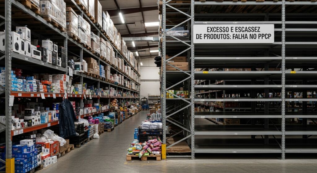 Galpão de armazenamento com prateleiras cheias de produtos à esquerda e prateleiras completamente vazias à direita. Acima das prateleiras vazias, placa com os dizeres: “Excesso e escassez de produtos: falha no PPCP”.