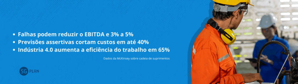 Homem com capacete amarelo, uniforme laranja e protetor auricular opera um laptop em ambiente fabril; ao fundo, mulher com capacete branco e jaleco azul usa um tablet. À esquerda, texto em destaque: “Falhas podem reduzir o EBITDA e 3% a 5%”, “Previsões assertivas cortam custos em até 40%” e “Indústria 4.0 aumenta a eficiência do trabalho em 65%”.