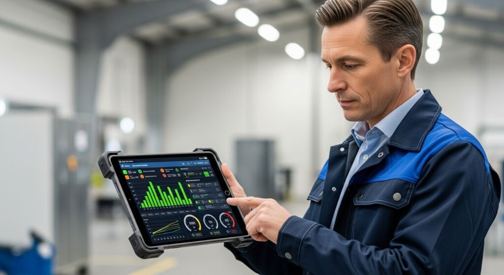 Homem operando tablet com gráficos de desempenho e indicadores em ambiente industrial moderno.