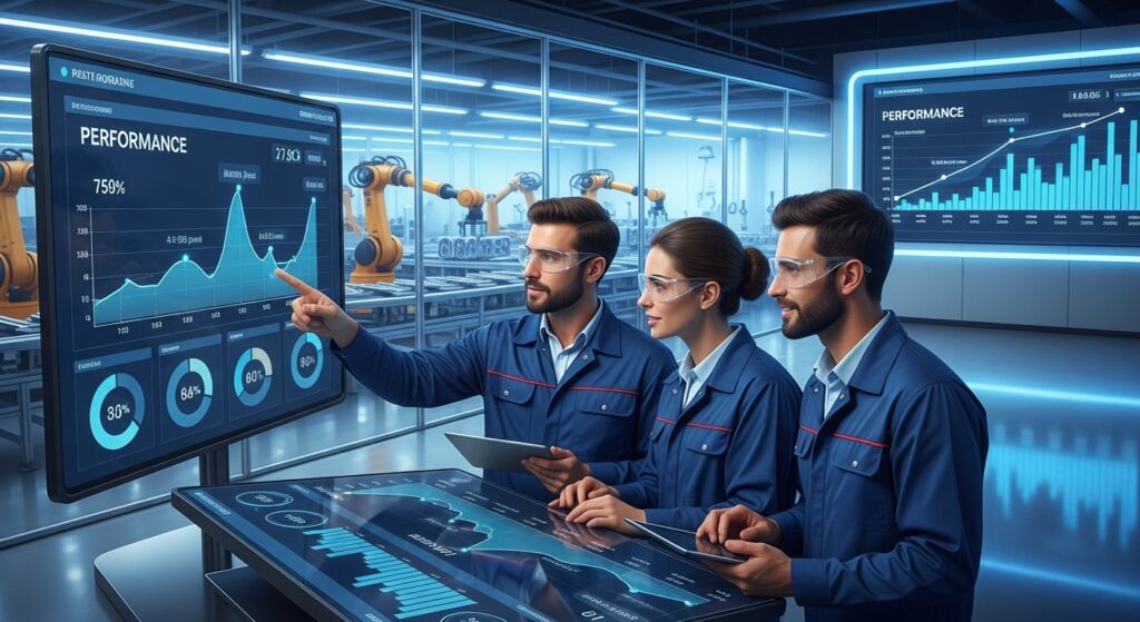 Equipe com trajes industriais analisando gráficos de desempenho em telas digitais em fábrica automatizada.