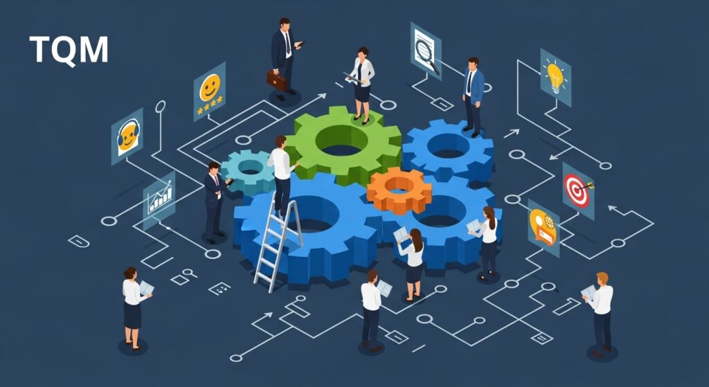 Ilustração de engrenagens coloridas interligadas com profissionais ao redor interagindo com gráficos e ícones relacionados à qualidade, inovação e metas; no canto superior esquerdo está escrito "TQM", sigla para Gestão da Qualidade Total.