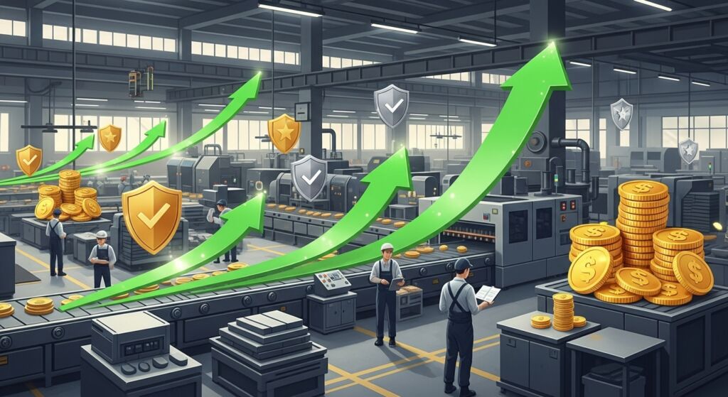 Alt text disse: Linha de produção industrial com trabalhadores uniformizados operando máquinas automatizadas; setas verdes ascendentes, moedas douradas e escudos com símbolos de qualidade representam crescimento, lucro e segurança.