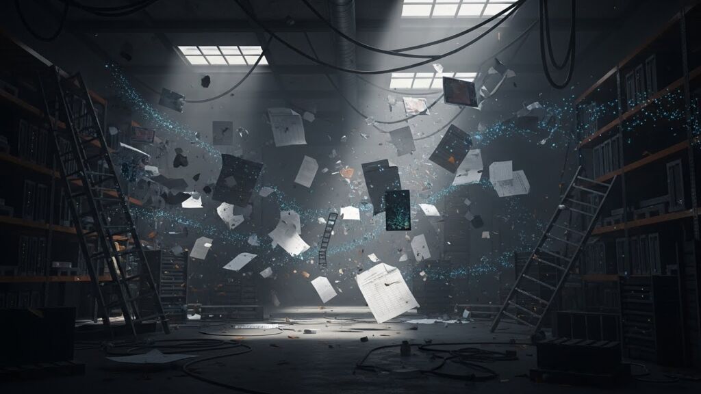 Cena fictícia de um armazém escuro com papéis, objetos e dados digitais sendo sugados para o ar, criando uma atmosfera caótica com partículas brilhantes.