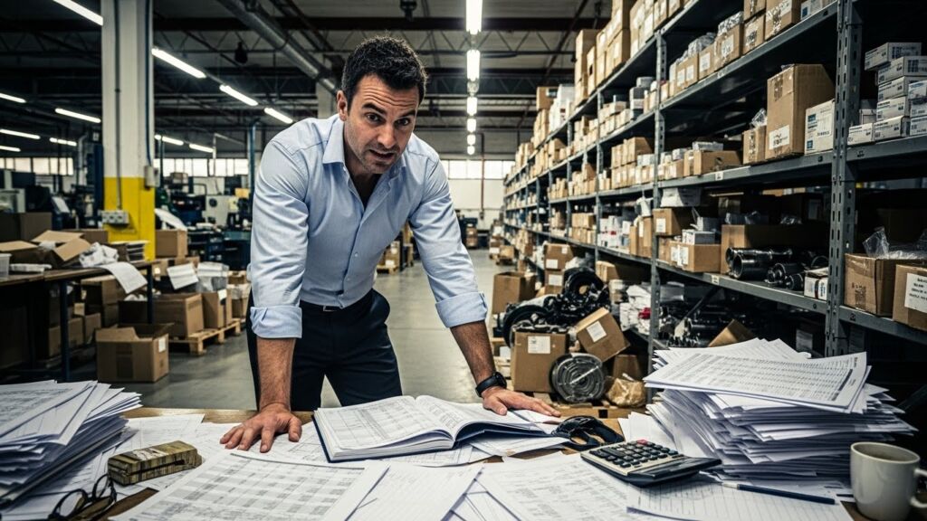 Homem de camisa social clara encostado sobre uma mesa cheia de papéis, planilhas e uma calculadora, em um depósito com prateleiras cheias de caixas de papelão e peças.