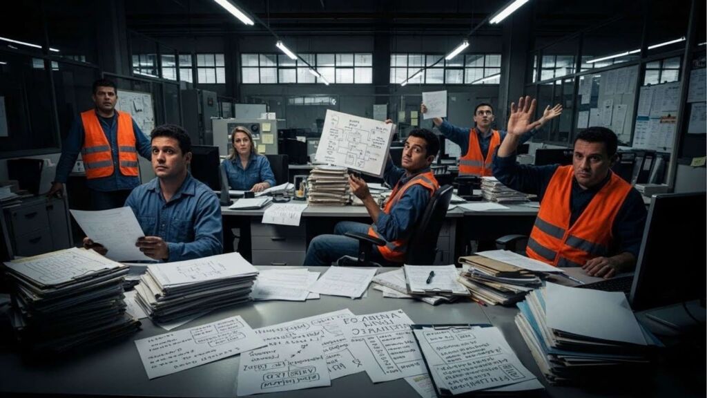 Grupo de pessoas com coletes laranja em um escritório repleto de papéis, diagramas e arquivos empilhados, em clima de discussão e análise de processos.