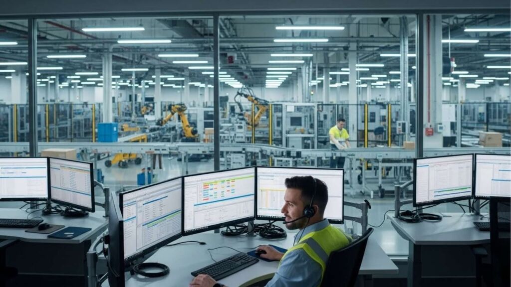 Operador usando headset monitora múltiplas telas de computador em uma sala de controle, com visão para uma fábrica automatizada com braços robóticos ao fundo.