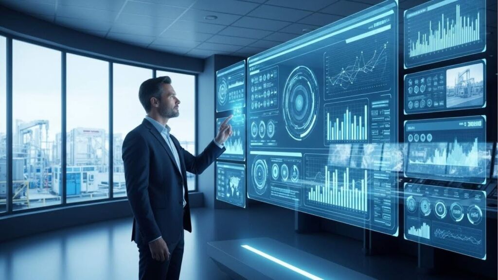 Homem de terno interagindo com uma grande tela digital repleta de gráficos, dados e painéis informativos, com janelas ao fundo mostrando uma planta industrial.