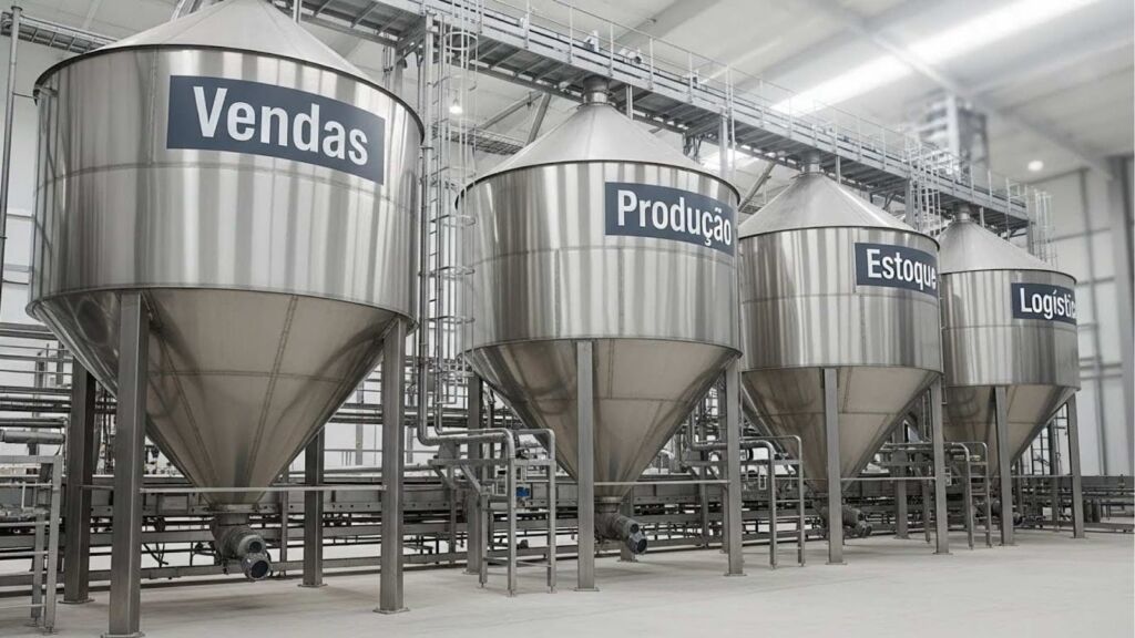 Tanques metálicos cilíndricos industriais em linha, cada um identificado com etiquetas grandes: Vendas, Produção, Estoque e Logística, em ambiente limpo e iluminado.