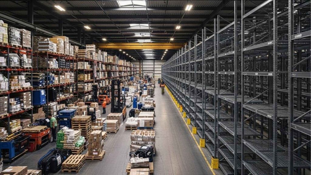 Armazém industrial com grande quantidade de produtos organizados em prateleiras altas à esquerda, enquanto a ala direita exibe estantes metálicas totalmente vazias; pessoas e empilhadeiras circulam pelo local.