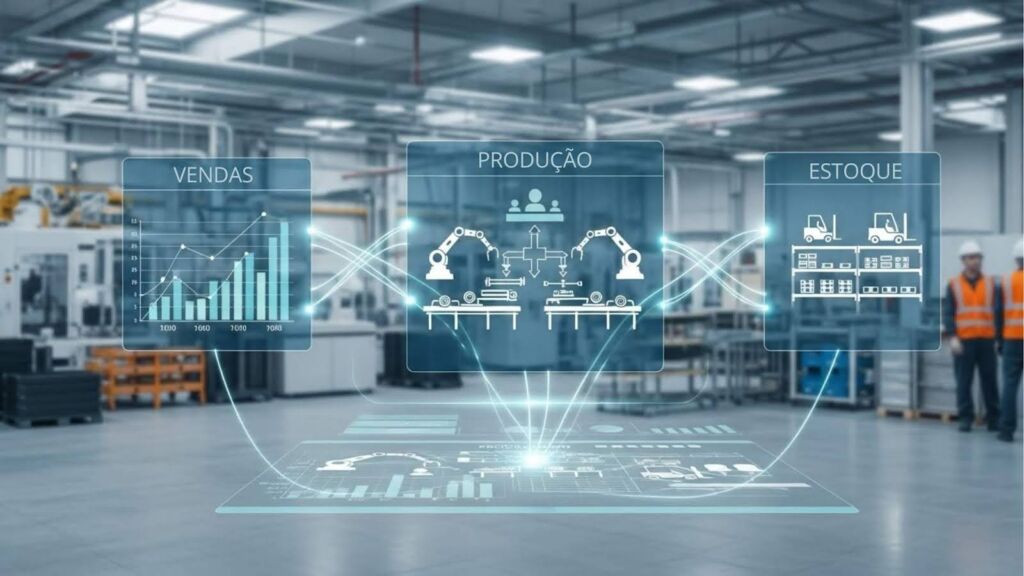 Ambiente fabril com interface digital simulada mostrando três painéis conectados: vendas com gráfico de barras, produção com braços robóticos e estoque com empilhadeiras e prateleiras.