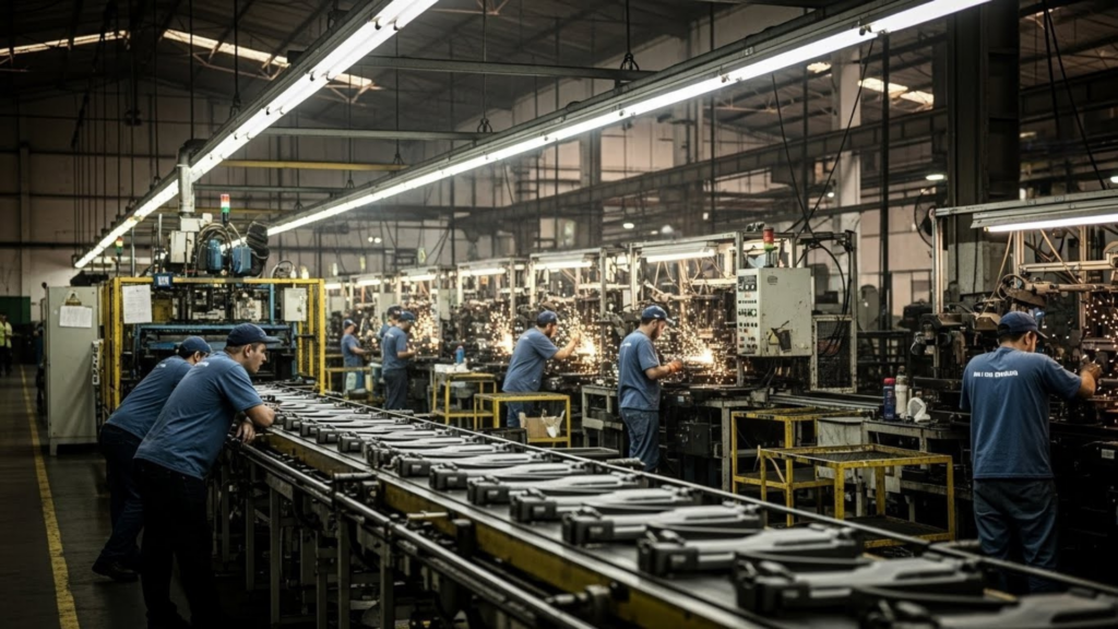 Trabalhadores em uma linha de produção industrial operando máquinas e soldando peças metálicas, com faíscas visíveis; todos usam uniforme azul e boné.