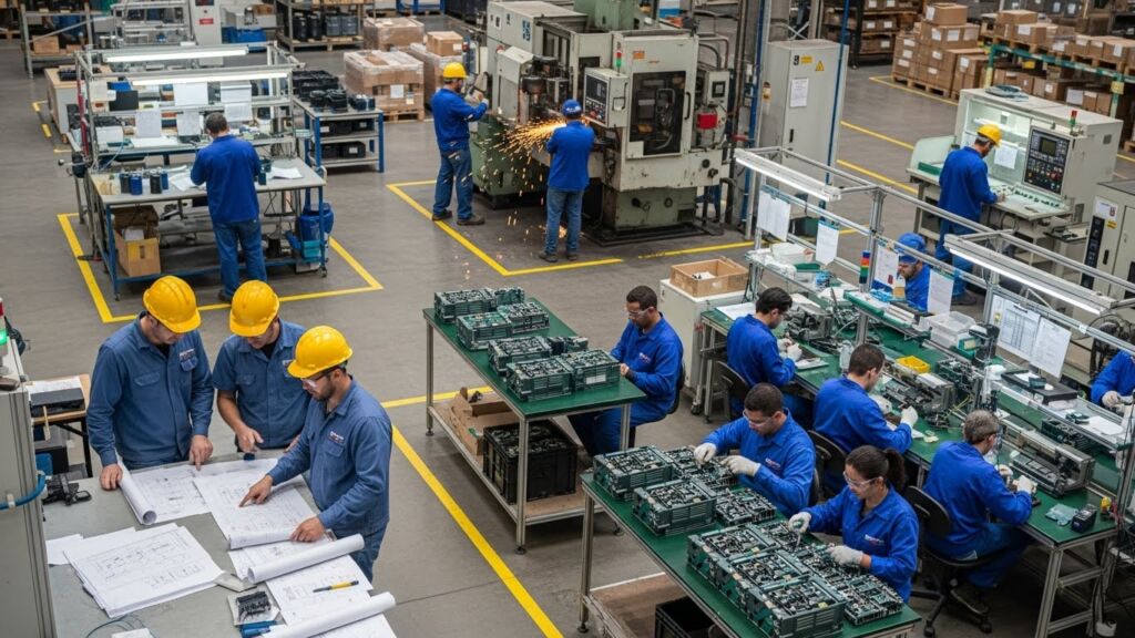 Funcionários em uma fábrica montando placas eletrônicas em mesas organizadas, alguns analisando projetos em papel; ambiente limpo e bem iluminado, com uso de equipamentos de proteção como capacetes e luvas.
