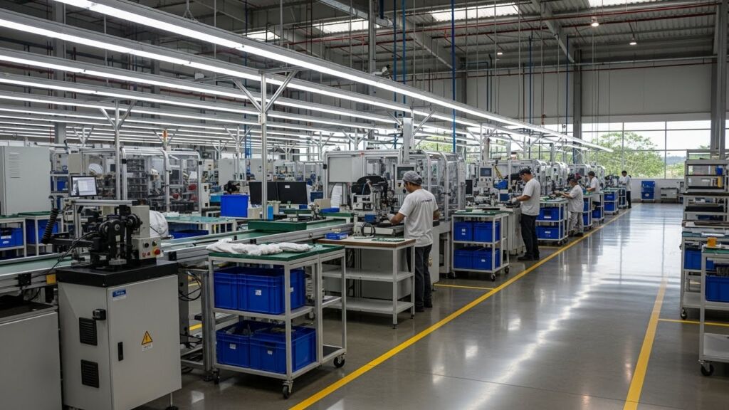 Ambiente industrial moderno com chão limpo e organizado, onde trabalhadores em uniforme branco operam estações de montagem automatizadas com caixas plásticas azuis ao redor.