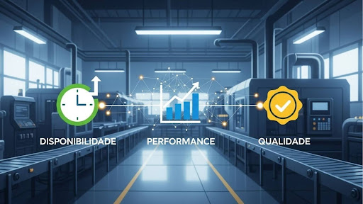 Infográfico digital sobreposto a um fundo de fábrica desfocado, ilustrando os três pilares do OEE (Overall Equipment Effectiveness). À esquerda, um ícone de relógio com a legenda "DISPONIBILIDADE"; ao centro, um ícone de gráfico de crescimento com a legenda "PERFORMANCE"; à direita, um selo de aprovação com a legenda "QUALIDADE". Linhas conectam os ícones, sugerindo interdependência.