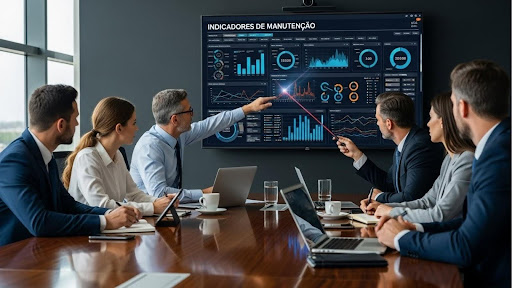 Grupo de profissionais em uma sala de reuniões moderna analisando dados em uma grande tela na parede. A tela exibe o título "INDICADORES DE MANUTENÇÃO" e apresenta diversos gráficos de barras, pizza e linhas com métricas de desempenho. Um homem de terno cinza aponta diretamente para um gráfico de linha vermelha na tela, discutindo os dados com os colegas sentados à mesa.
