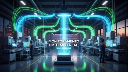 Ilustração conceitual de uma fábrica inteligente (Smart Factory) com cabos de fibra óptica brilhantes em azul e verde descendo do teto e conectando-se a máquinas industriais. No centro da imagem, destaca-se o texto "MONITORAMENTO EM TEMPO REAL" dentro de uma moldura digital holográfica, representando o fluxo de dados e a conectividade da Indústria 4.0.