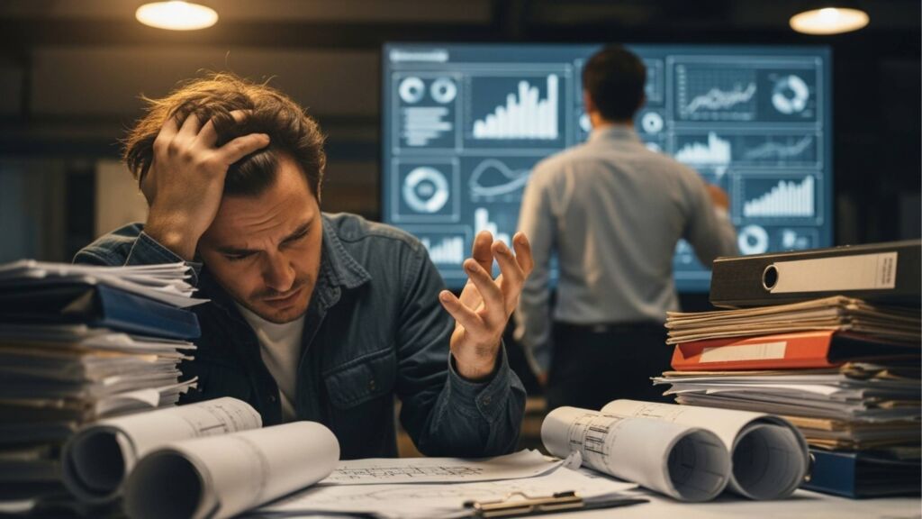 Um homem demonstra frustração e estresse em um escritório noturno, com as mãos na cabeça diante de pilhas de documentos e plantas, enquanto ao fundo telas exibem complexos dashboards de dados.