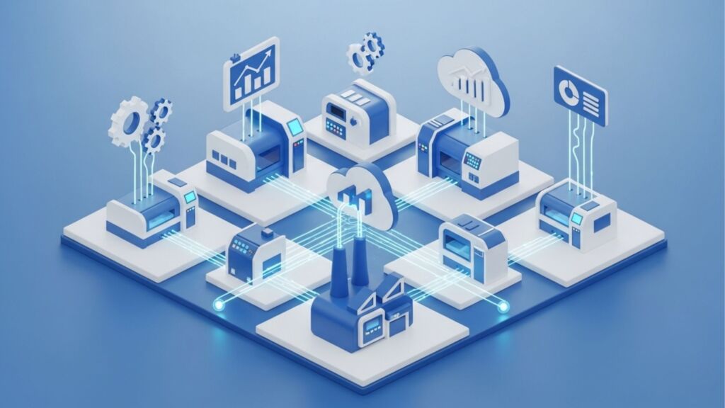 Infográfico isométrico em tons de azul mostrando fábricas e máquinas conectadas entre si e a nuvens digitais, representando o conceito de indústria 4.0 e smart factories.