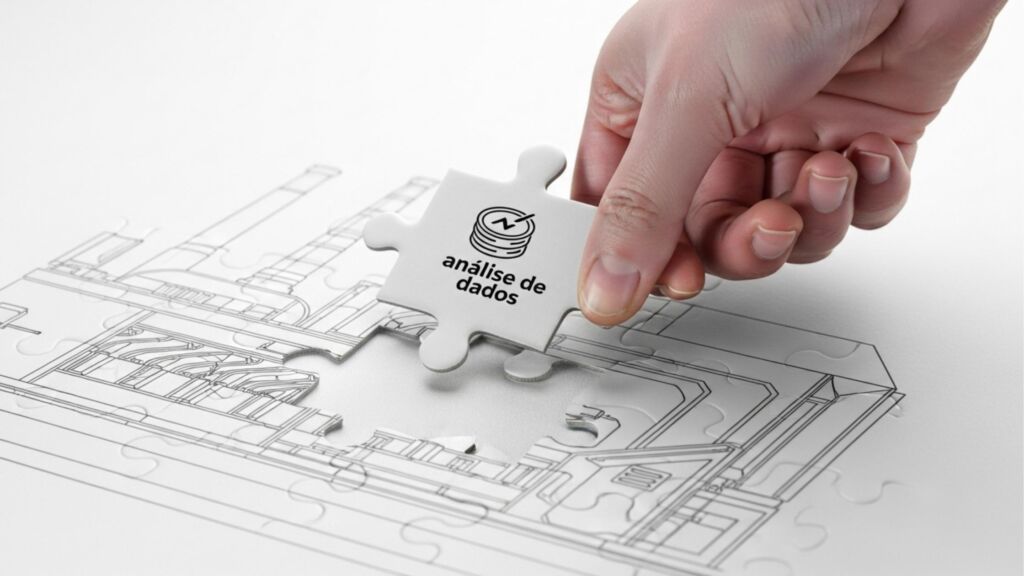 Close-up de uma mão encaixando uma peça de quebra-cabeça branca com o ícone de pilhas de moedas e o texto "análise de dados" sobre um desenho técnico de uma planta industrial.