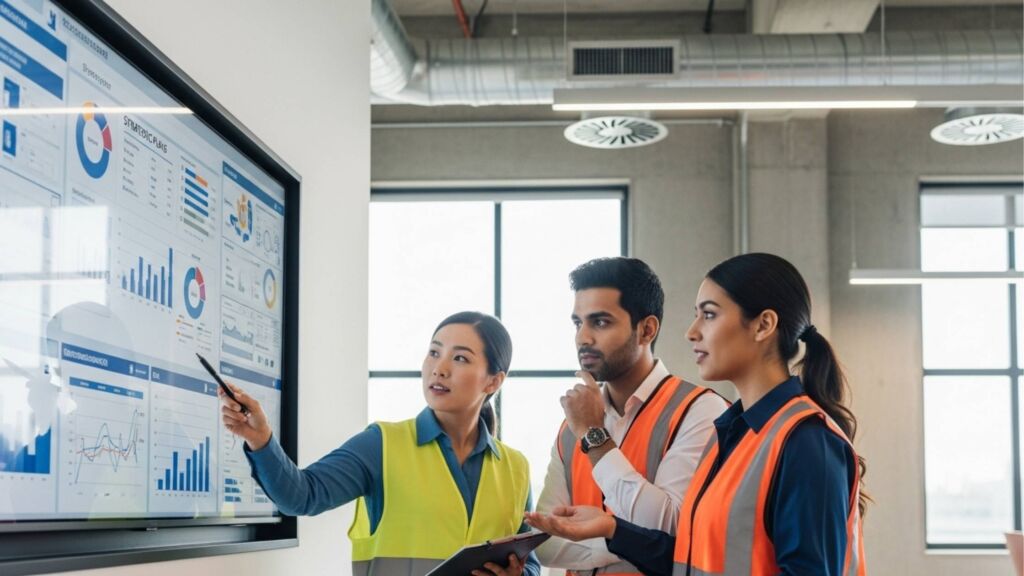 Três profissionais de engenharia, usando coletes de segurança, analisam e discutem dados em uma tela de toque gigante que exibe diversos gráficos de planejamento estratégico.