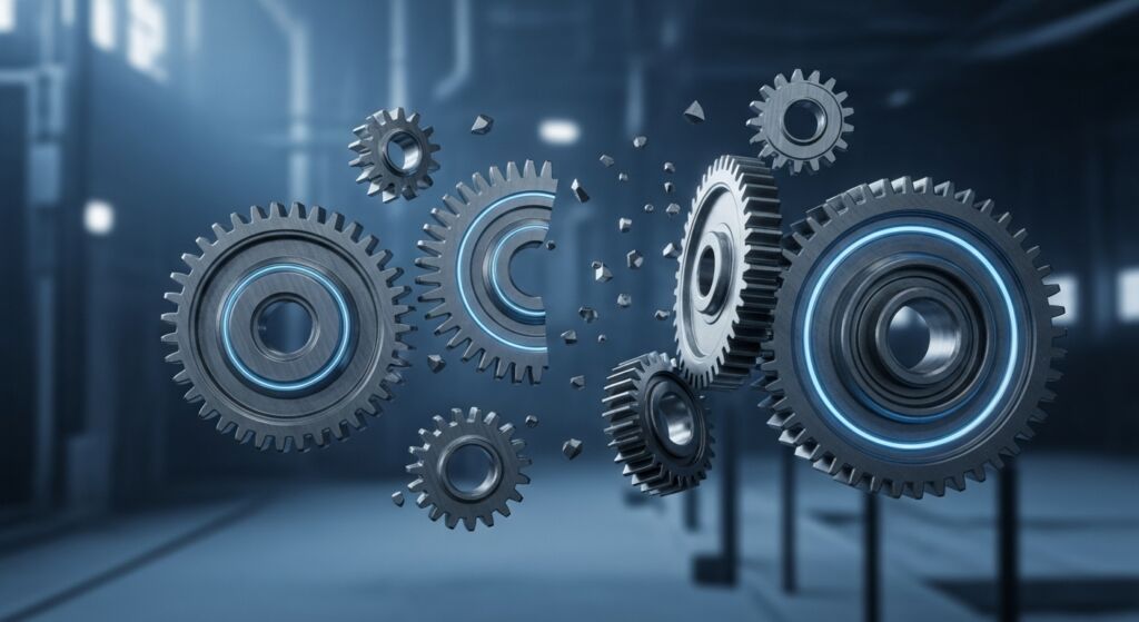 Engrenagens metálicas flutuantes e iluminadas com LEDs azuis em um ambiente industrial. Algumas engrenagens estão fragmentadas, simbolizando o processo de ajuste e conexão técnica.