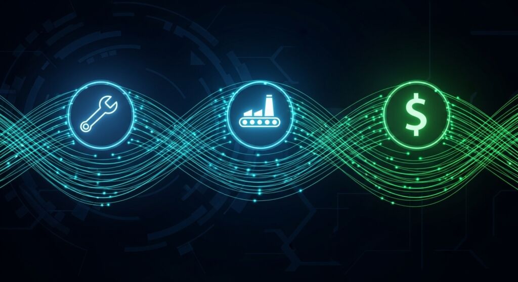 Três ícones circulares (ferramenta, fábrica e cifrão) conectados por ondas de fibras ópticas brilhantes em tons de azul e verde, representando o fluxo de dados entre manutenção, produção e finanças.