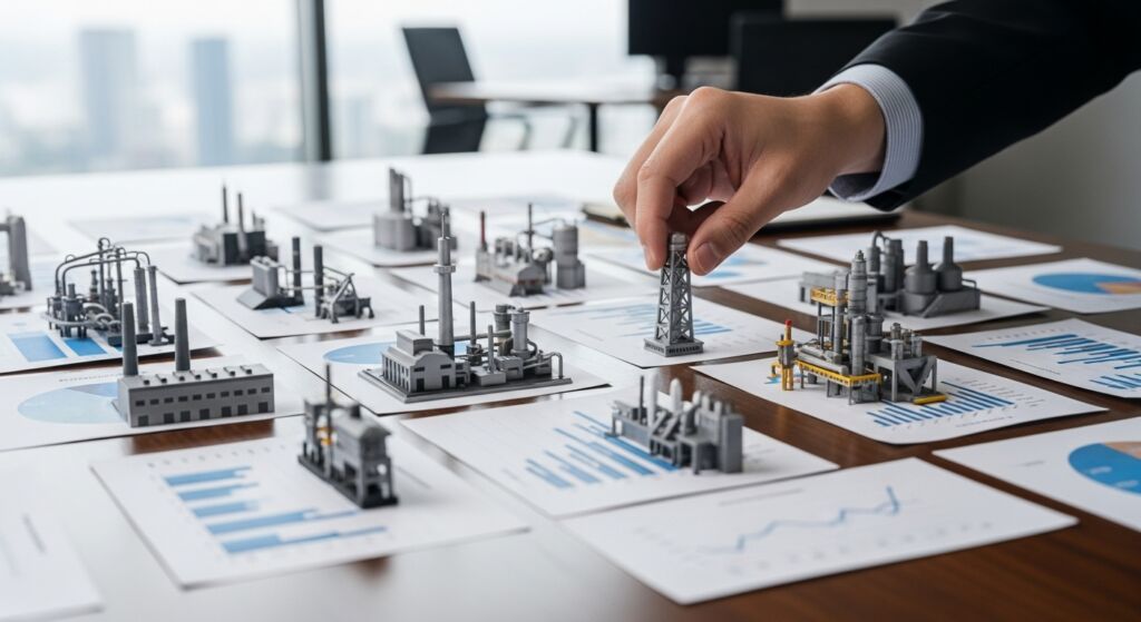 Close-up de uma mão humana posicionando maquetes detalhadas de instalações industriais sobre gráficos e relatórios em uma mesa de escritório, simbolizando o planejamento estratégico de infraestrutura.