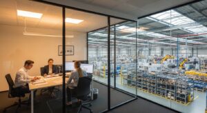 Vista de um escritório envidraçado de onde três profissionais observam uma enorme planta industrial. Eles estão sentados em uma mesa com computadores e documentos. Através das paredes de vidro, vê-se a fábrica organizada com robôs articulados amarelos, prateleiras metálicas de estoque e uma estrutura de teto industrial ampla e iluminada.