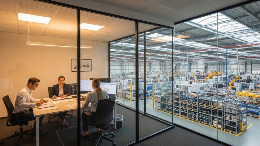 Vista de um escritório envidraçado de onde três profissionais observam uma enorme planta industrial. Eles estão sentados em uma mesa com computadores e documentos. Através das paredes de vidro, vê-se a fábrica organizada com robôs articulados amarelos, prateleiras metálicas de estoque e uma estrutura de teto industrial ampla e iluminada.