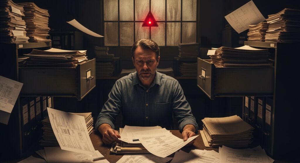 Um homem com expressão de cansaço e preocupação está sentado em uma mesa cercado por pilhas altíssimas de papéis e gavetas de arquivos abertas. O ambiente é escuro e claustrofóbico. Ao fundo, uma pequena janela com uma luz vermelha de alerta em formato de triângulo sugere uma situação de estresse ou urgência documental.