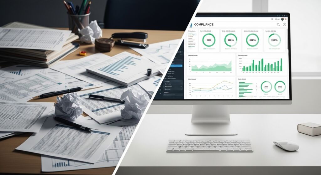 Imagem comparativa dividida por uma linha diagonal. Do lado esquerdo, uma mesa de madeira bagunçada, cheia de papéis amontoados, canetas e rascunhos amassados. Do lado direito, um ambiente digital limpo e organizado: um monitor de computador exibe um painel de "Compliance" com gráficos circulares e de barras verdes, representando eficiência e controle.