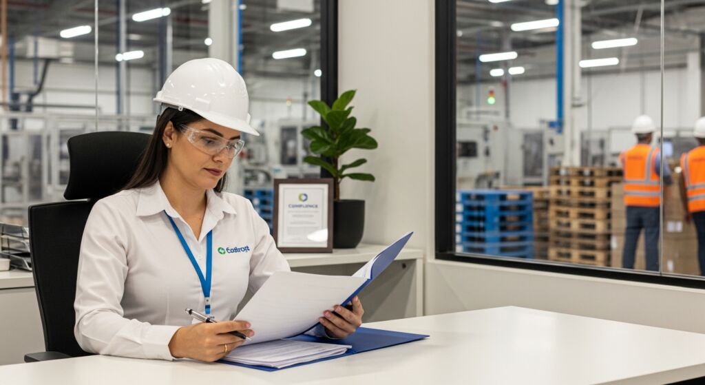 Uma mulher com equipamentos de proteção (capacete branco e óculos de segurança) está sentada à mesa de um escritório. Ela analisa atentamente um documento dentro de uma pasta azul. Ao fundo, uma janela de vidro revela a operação da fábrica, com paletes e outros trabalhadores em movimento. Há um certificado emoldurado com a palavra "Compliance" na mesa.