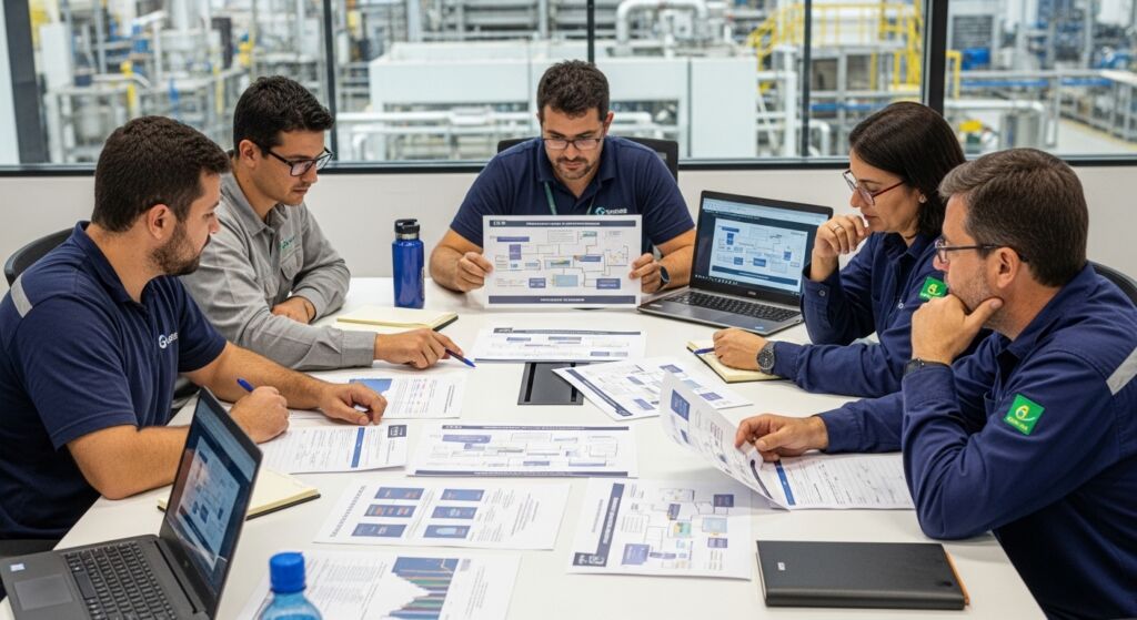 Uma equipe de cinco pessoas em uma reunião ao redor de uma mesa branca. Eles analisam diversos fluxogramas e diagramas impressos. O homem ao centro segura um gráfico informativo para o grupo. Há notebooks abertos e garrafas de água sobre a mesa. Ao fundo, através de uma grande janela de vidro, é possível ver o pátio industrial da fábrica.