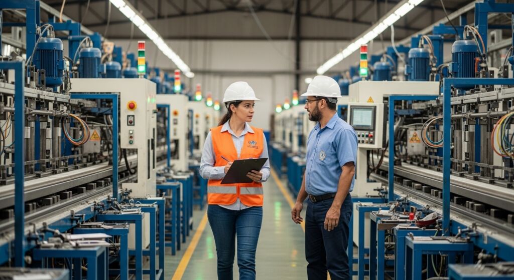 Dois profissionais, um homem e uma mulher, conversam no corredor central de uma fábrica moderna. A mulher, à esquerda, usa um colete refletor laranja e segura uma prancheta com documentos. O homem veste uma camisa azul. Ambos utilizam capacetes brancos de segurança. Ao fundo, as linhas de produção possuem maquinários complexos e luzes de sinalização coloridas.