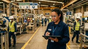 Mulher operária de uniforme azul e óculos de proteção utilizando tablet para controle de processos em um pátio industrial moderno com equipamentos de segurança.
