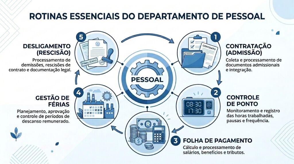 Diagrama circular das rotinas essenciais do Departamento Pessoal: Contratação, Controle de Ponto, Folha de Pagamento, Gestão de Férias e Desligamento.