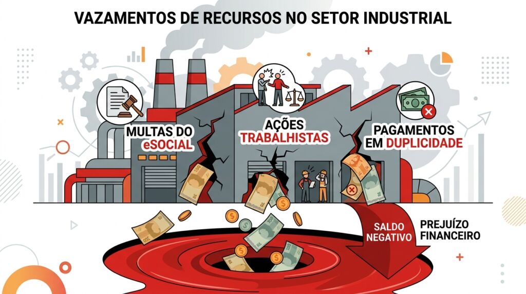 Ilustração de uma fábrica com rachaduras representando prejuízos financeiros por multas do eSocial, ações trabalhistas e pagamentos em duplicidade escorrendo para um ralo.