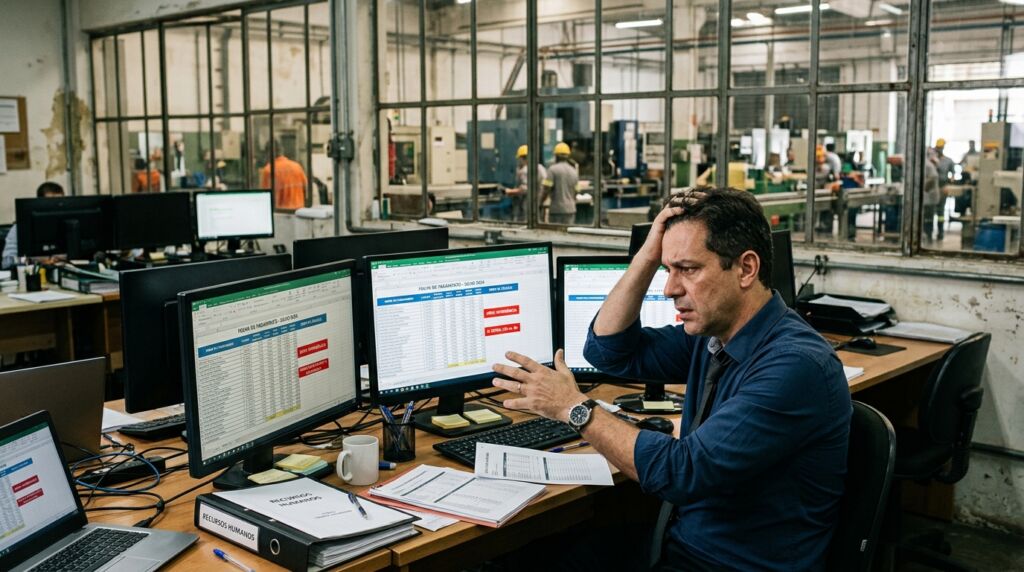 Gestor de Departamento Pessoal demonstrando estresse e preocupação diante de vários monitores com planilhas complexas de folha de pagamento em um ambiente industrial.