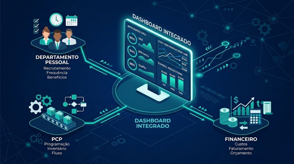 Ilustração de um Dashboard Integrado conectando dados do Departamento Pessoal, PCP e Financeiro, exibindo KPIs de eficiência, qualidade e projeções de folha de pagamento.