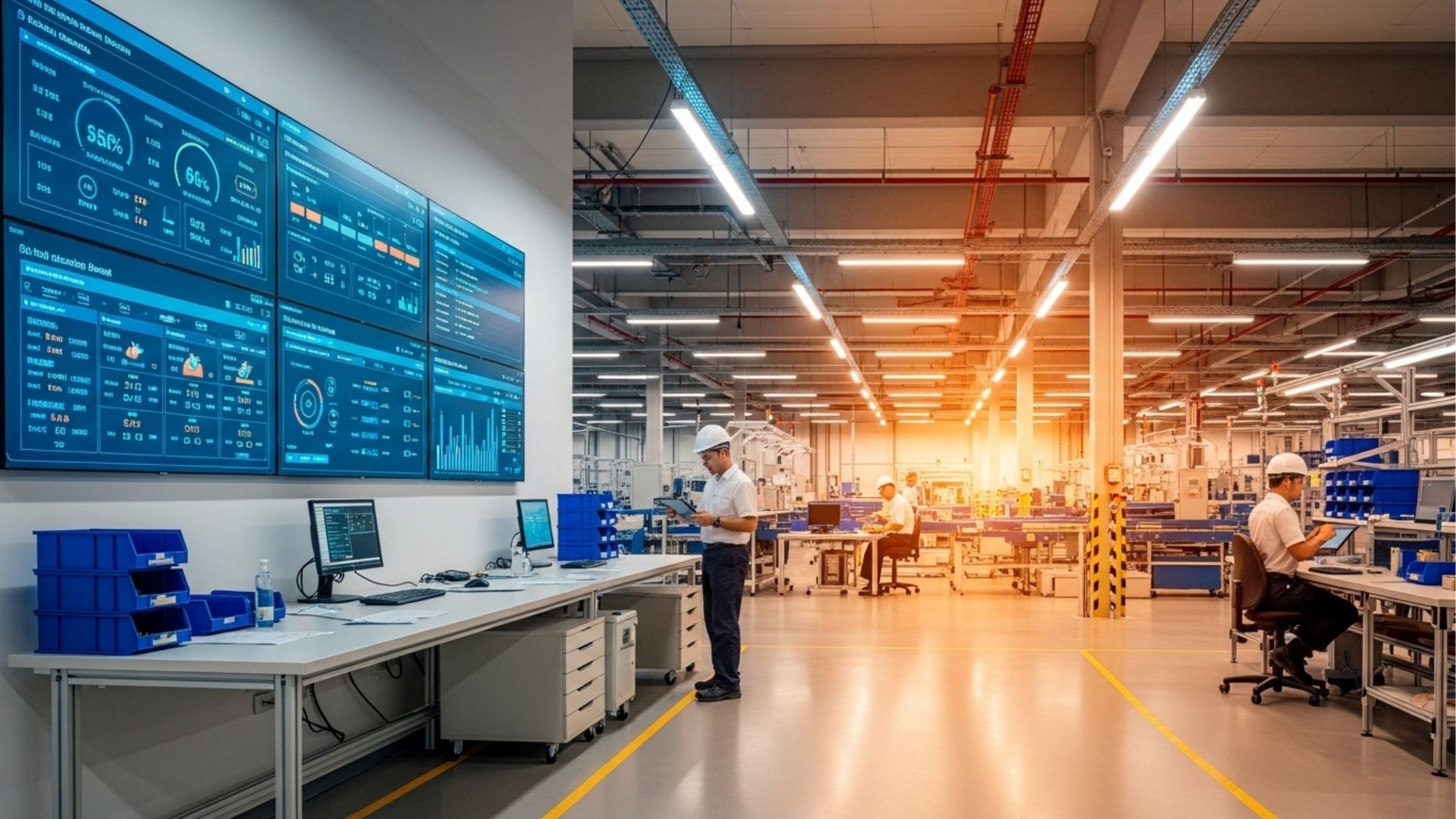 Interior de uma fábrica moderna, ampla e muito iluminada. À esquerda, uma grande parede de monitores digitais exibe painéis (dashboards) com gráficos, métricas e dados de produção em tempo real na cor azul. À direita, trabalhadores usando capacetes brancos operam tablets e computadores em uma linha de montagem limpa, organizada e com marcações de segurança no piso.