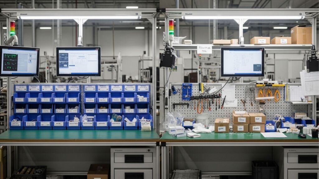 Imagem dividida ao meio mostrando duas bancadas de montagem industrial. À esquerda, uma bancada altamente organizada, limpa, com monitores exibindo sistemas digitais e dezenas de pequenas caixas organizadoras azuis perfeitamente alinhadas. À direita, a mesma bancada, porém desorganizada, com ferramentas penduradas de forma caótica, caixas de papelão empilhadas irregularmente e peças soltas espalhadas sobre a mesa de trabalho.