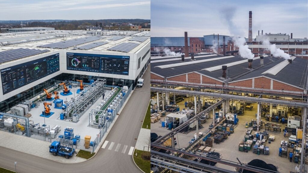 Imagem dividida ao meio comparando duas fábricas. Do lado esquerdo, uma instalação moderna e sustentável, com painéis solares no telhado, grandes painéis digitais exibindo dados na fachada e braços robóticos operando em uma área externa limpa e organizada. Do lado direito, uma fábrica tradicional de tijolos, com chaminés soltando fumaça no ar e um interior escuro, denso e com maquinário antigo.