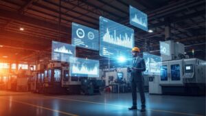 Um homem vestindo terno e capacete de segurança laranja está em pé no corredor de uma grande fábrica, segurando um tablet. Ao redor dele, flutuam várias telas holográficas em tom azul brilhante, exibindo diversos painéis de dados, gráficos e o termo "KPI". O ambiente é cercado por grandes máquinas industriais, com uma forte luz alaranjada vindo do fundo à esquerda.