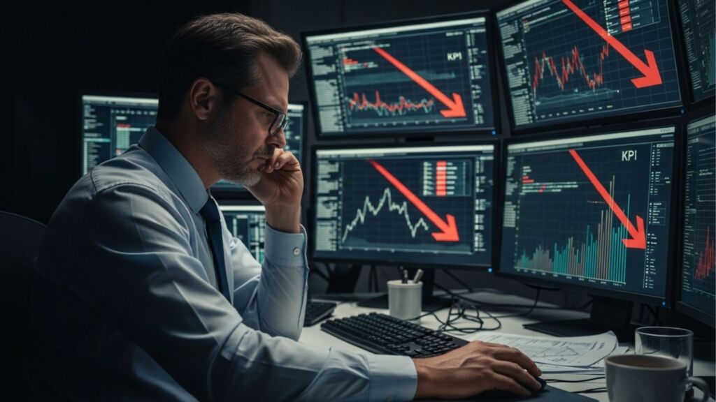 Um homem de óculos e camisa social, com expressão tensa e preocupada, está sentado em uma sala escura de frente para múltiplos monitores de computador. Todas as telas exibem gráficos de dados com grandes setas vermelhas apontando drasticamente para baixo, indicando queda nos resultados ou crise financeira. O termo "KPI" aparece em algumas das telas.