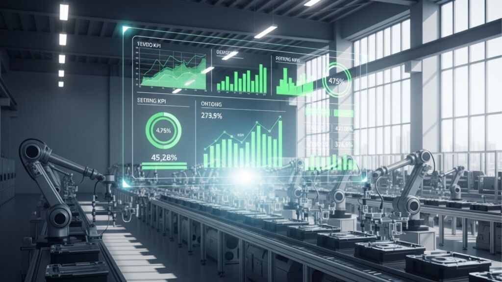 Uma linha de montagem automatizada e bem iluminada, repleta de braços robóticos industriais. Em primeiro plano, um grande painel holográfico flutuante exibe indicadores de desempenho (KPIs) na cor verde brilhante, incluindo gráficos de barras, linhas de tendência e medidores circulares com porcentagens.