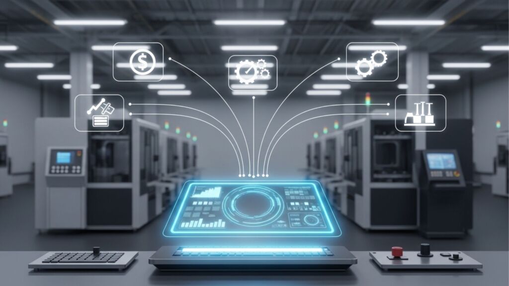 Uma interface de controle futurista em um ambiente industrial limpo e moderno. Sobre uma bancada cinza com teclado e botões de controle, uma tela digital azul projeta linhas luminosas para cima. Essas linhas se conectam a cinco ícones holográficos flutuantes: um cifrão (finanças), um relógio com engrenagens (tempo), engrenagens (operação), um gráfico de crescimento (desempenho) e uma fábrica (produção). Máquinas industriais aparecem desfocadas ao fundo.