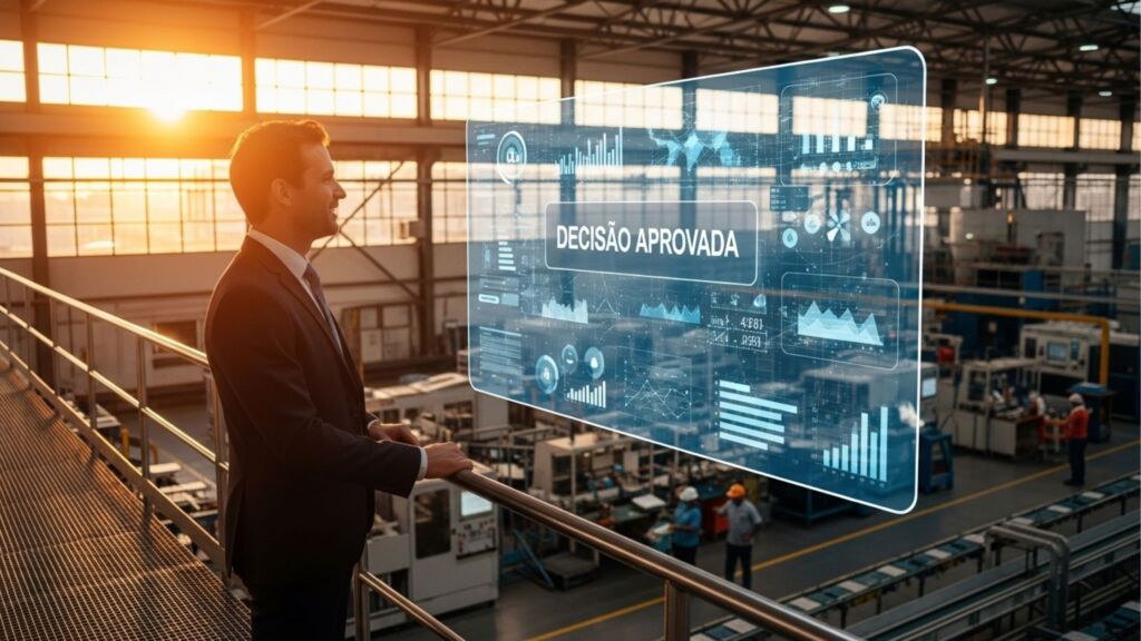 Um homem de terno sorri enquanto observa um grande painel holográfico transparente flutuando no mezanino de uma fábrica. O painel exibe diversos gráficos de dados e o texto "DECISÃO APROVADA" em destaque no centro. Ao fundo, no andar de baixo, vê-se o maquinário da indústria, trabalhadores e a luz do sol brilhando através das janelas.