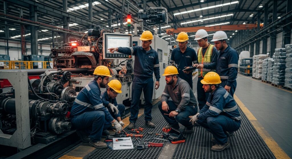 Um grupo de sete trabalhadores e engenheiros industriais, todos com capacetes de segurança (amarelo e branco), está reunido ao redor de uma grande máquina de processamento em uma fábrica espaçosa. Um trabalhador em pé aponta para uma tela de controle da máquina, enquanto os outros observam ou olham para um tablet e documentos no chão. Ferramentas e paletes de materiais estão organizados na área.